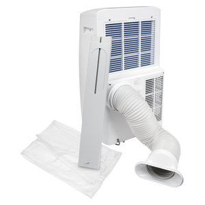 White portable window air conditioner with a flexible white hose connector, shown with two white drain bags on a plain white background.
