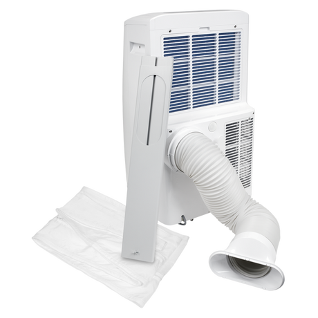 White portable window air conditioner with a flexible white hose connector, shown with two white drain bags on a plain white background.