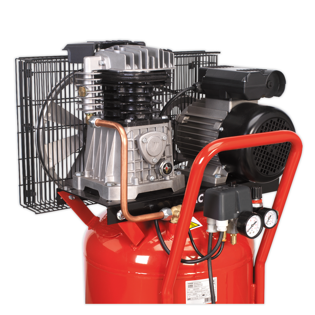 The Sealey Compressor 90L Vertical Belt Drive 3hp - SAC1903B is a red air compressor featuring gauges, a powerful 3hp motor, and durable metal components, ideal for powering pneumatic tools and inflating tires.