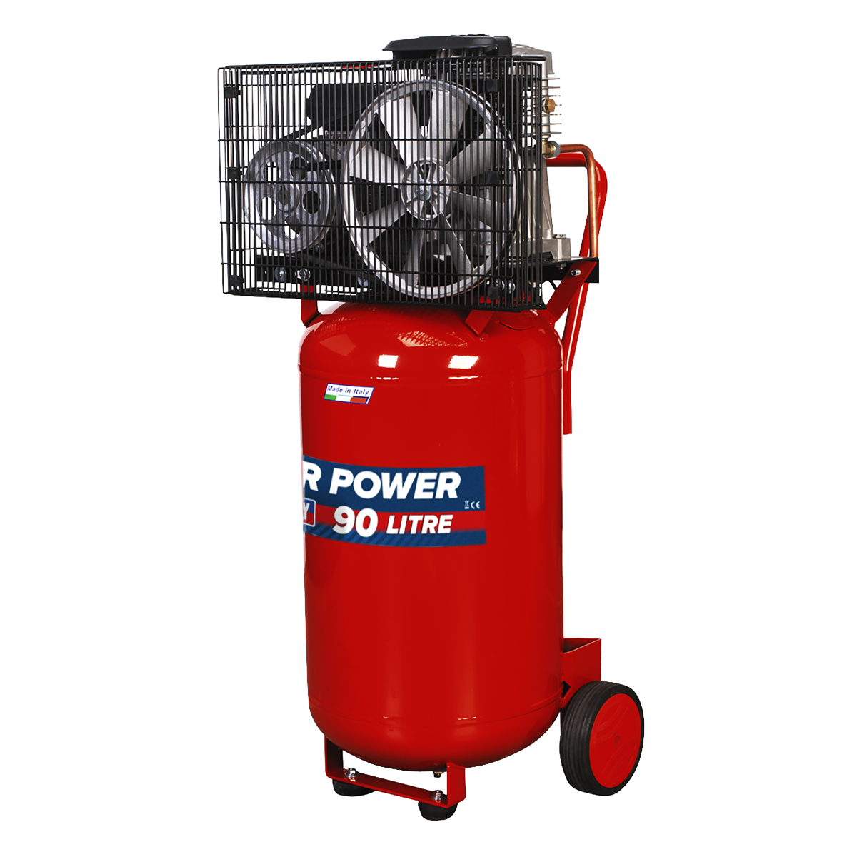 The Sealey Compressor 90L Vertical Belt Drive 3hp - SAC1903B is a red air compressor with a 90-litre capacity and a powerful 3hp motor. It features a black protective cage around the fan and motor, and is mounted on two wheels for easy mobility.