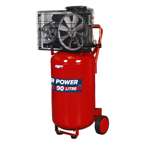 The Sealey Compressor 90L Vertical Belt Drive 3hp - SAC1903B is a red air compressor with a 90-litre capacity and a powerful 3hp motor. It features a black protective cage around the fan and motor, and is mounted on two wheels for easy mobility.