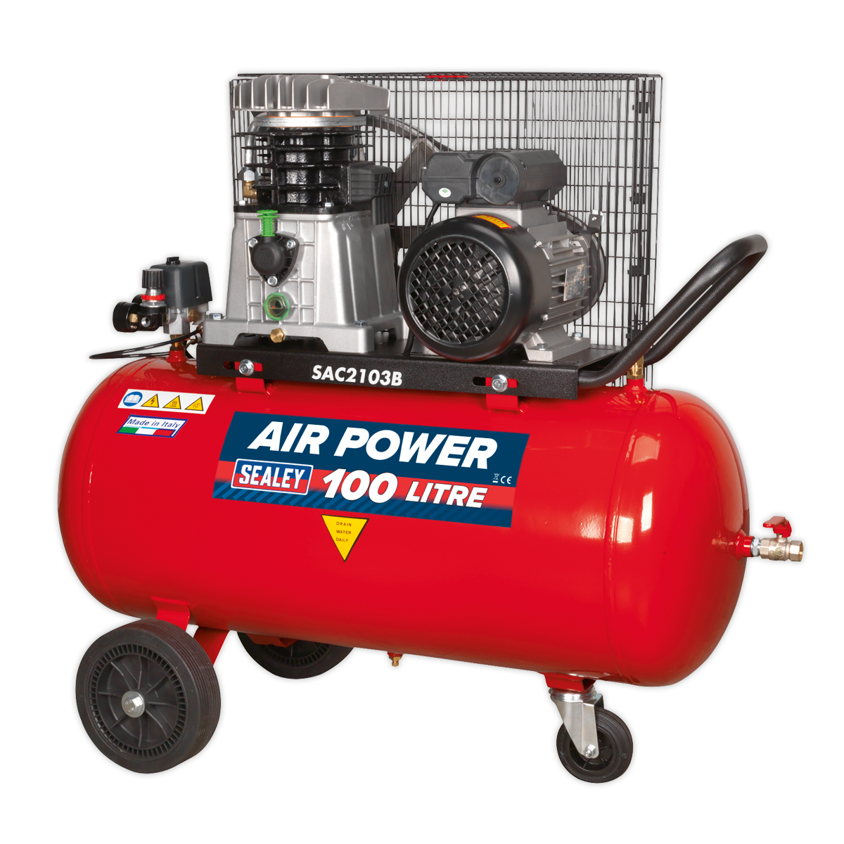 A Sealey Air Compressor 100L Belt Drive 3hp with Cast Cylinders & Wheels - SAC2103B, featuring a red body, black motor, cooling fan, and wheels for mobility, is perfect for a professional workshop.