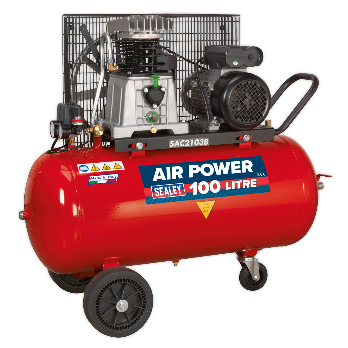 A robust 100-liter air compressor, identified as the "Air Compressor 100L Belt Drive 3hp with Cast Cylinders & Wheels - SAC2103B" from Sealey, comes with a red tank, black wheels, and a black and silver motor labeled "Air Power Sealey 100 Litre," making it an ideal choice for any professional workshop.