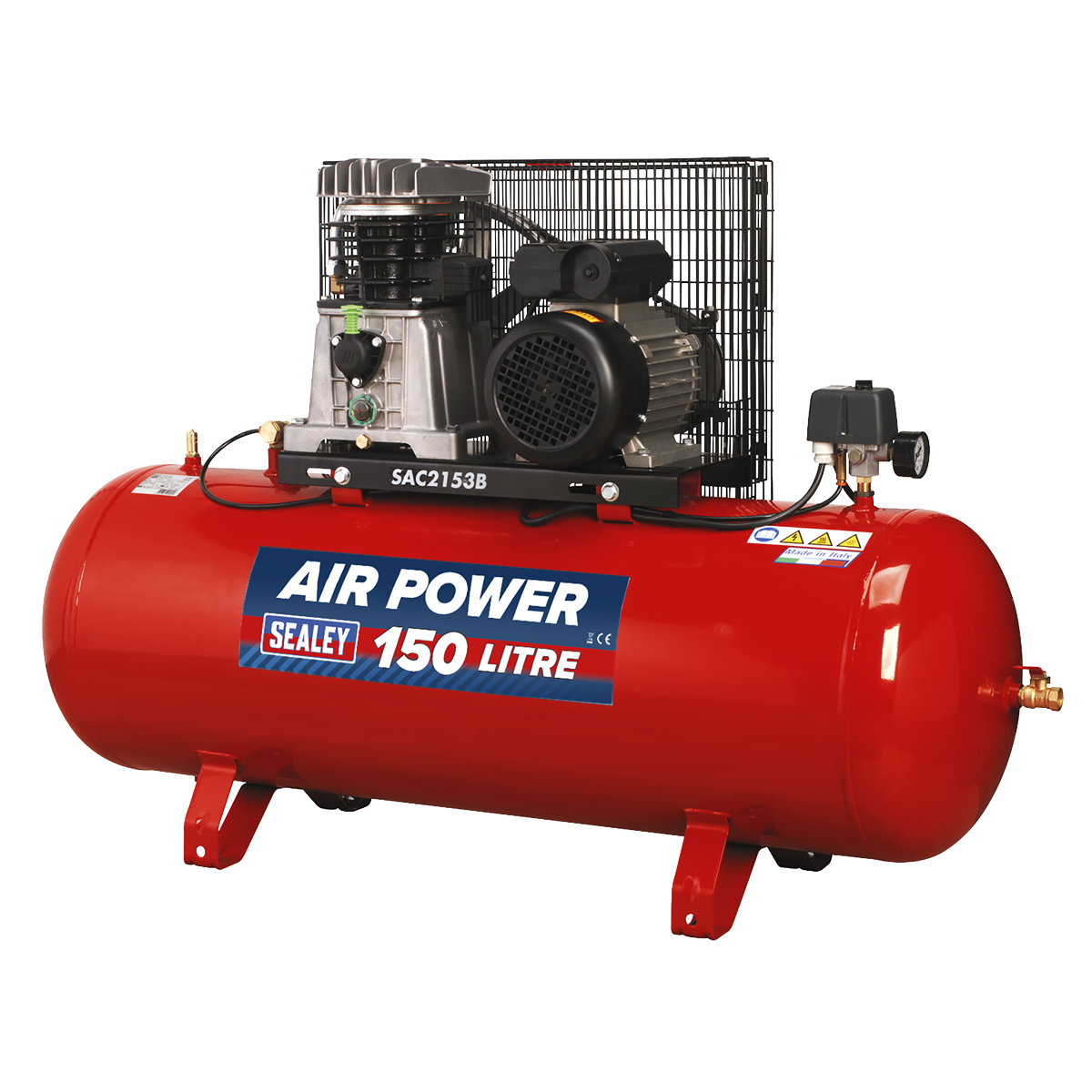 The Sealey Air Compressor 150L Belt Drive 3hp with Cast Cylinders - SAC2153B, featuring a label that states "AIR POWER 150 LITRE," is set against a white background, making it an ideal choice for any professional workshop.