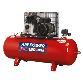 The Sealey Air Compressor 150L Belt Drive 3hp with Cast Cylinders - SAC2153B, featuring a label that states "AIR POWER 150 LITRE," is set against a white background, making it an ideal choice for any professional workshop.