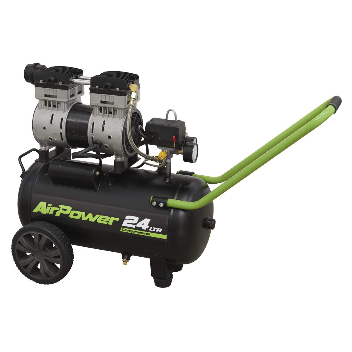 The Sealey Low Noise Air Compressor 24L Direct Drive 1hp - SAC2410S is a green and black unit featuring a 24-liter capacity, two wheels, dual pistons on top, a pressure gauge, and an extended green handle. It is designed for oil-free air delivery.