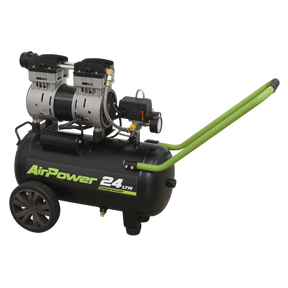 The Sealey Low Noise Air Compressor 24L Direct Drive 1hp - SAC2410S is a green and black unit featuring a 24-liter capacity, two wheels, dual pistons on top, a pressure gauge, and an extended green handle. It is designed for oil-free air delivery.