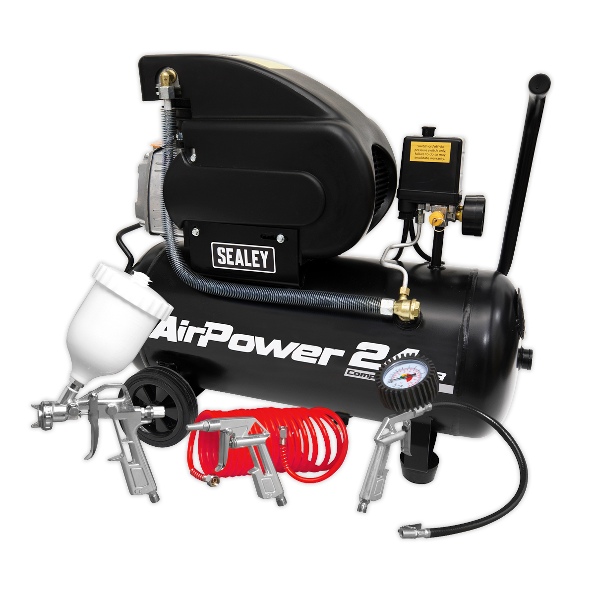 Image of a Sealey AirPower Air Compressor 24L Direct Drive 2hp (model SAC2420APK) with multiple attachments, including a spray gun, coiled hose, gauge, and additional accessories. This model features an aluminum cylinder head ensuring durability and efficient air displacement for consistent performance.