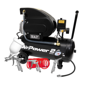 Image of a Sealey AirPower Air Compressor 24L Direct Drive 2hp (model SAC2420APK) with multiple attachments, including a spray gun, coiled hose, gauge, and additional accessories. This model features an aluminum cylinder head ensuring durability and efficient air displacement for consistent performance.