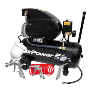 Image of a Sealey AirPower Air Compressor 24L Direct Drive 2hp (model SAC2420APK) with multiple attachments, including a spray gun, coiled hose, gauge, and additional accessories. This model features an aluminum cylinder head ensuring durability and efficient air displacement for consistent performance.