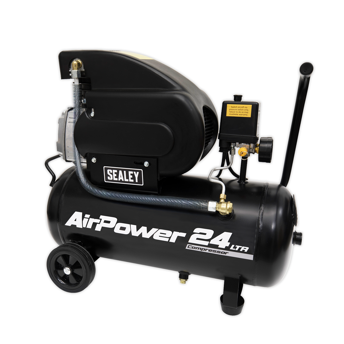 The Sealey "Air Compressor 24L Direct Drive 2hp - SAC2420A" features a heavy-duty induction motor, making it ideal for workshop applications. With wheels and a handle for easy mobility, this robust tool ensures reliable performance wherever you need it.