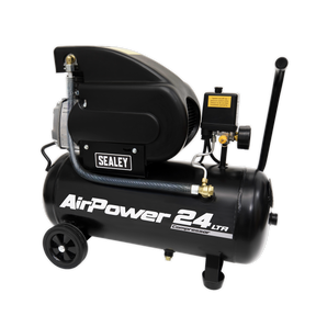 The Sealey "Air Compressor 24L Direct Drive 2hp - SAC2420A" features a heavy-duty induction motor, making it ideal for workshop applications. With wheels and a handle for easy mobility, this robust tool ensures reliable performance wherever you need it.