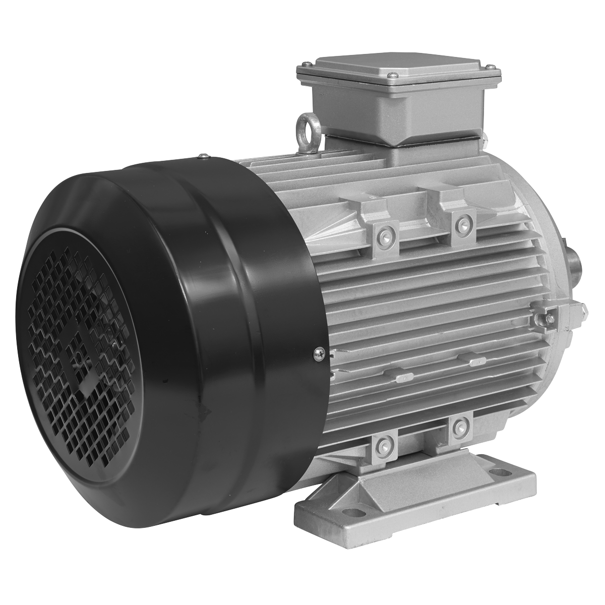 A Sealey Air Compressor Electrical Motor 7.5hp 5.5kw - SAC32775B.03, featuring a robust 3-phase design with a black fan cover attached to a gray ribbed cylindrical body, mounted on a rectangular base.