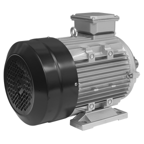 A Sealey Air Compressor Electrical Motor 7.5hp 5.5kw - SAC32775B.03, featuring a robust 3-phase design with a black fan cover attached to a gray ribbed cylindrical body, mounted on a rectangular base.