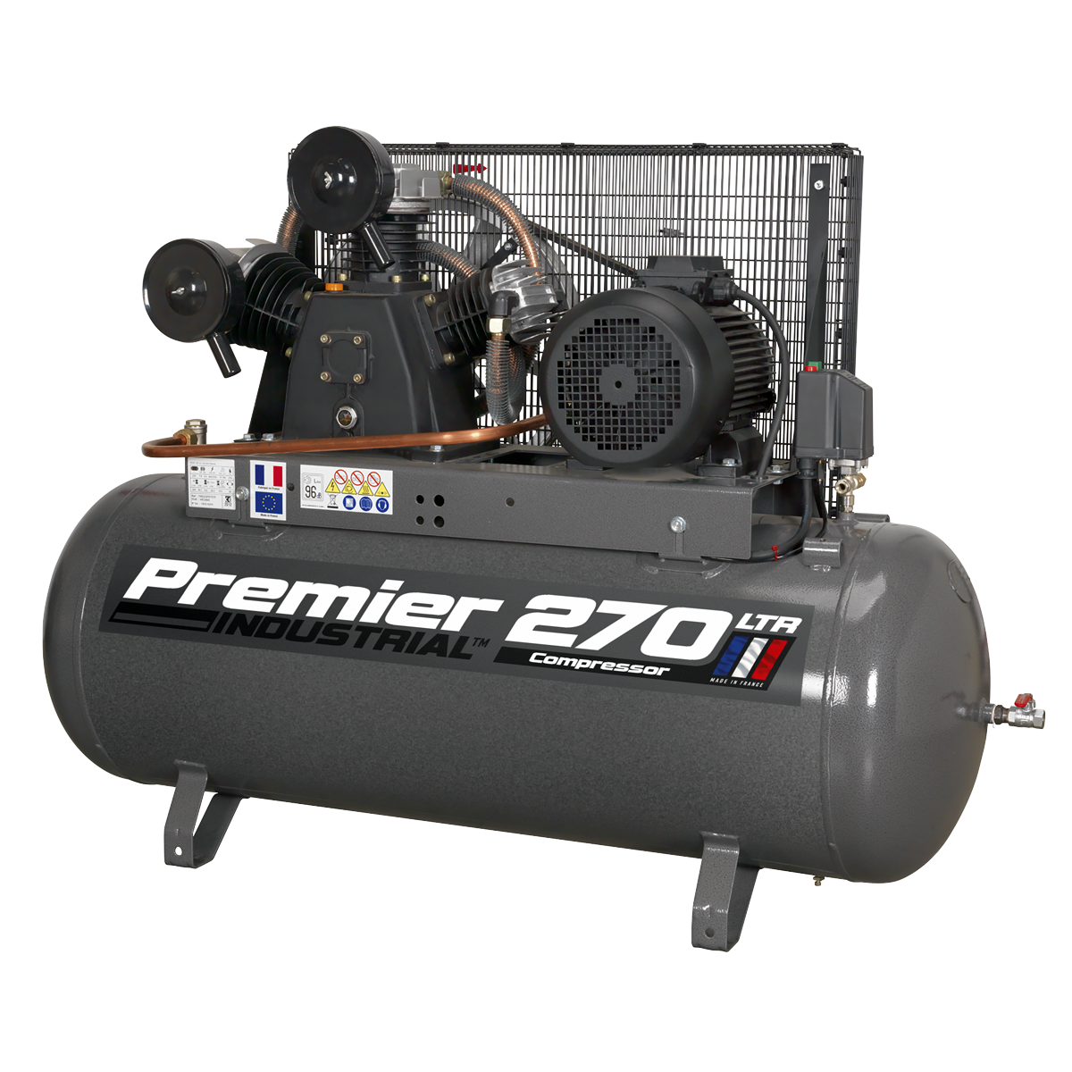 The Sealey Air Compressor 270L Belt Drive 7.5hp 3ph - SAC32775B, featuring a large cylindrical tank, multiple gauges, pipes, and motors, set against a plain background. This heavy-duty compressor includes a robust triple cylinder pump for enhanced performance.