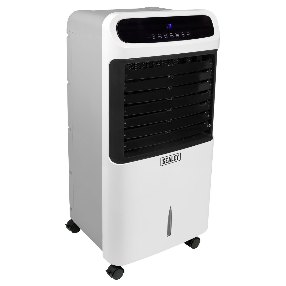 The Sealey SAC41 4-in-1 air cooler and heater, in white, features a digital display and control panel on top. It also functions as an air purifier and humidifier, with four wheels for easy mobility.