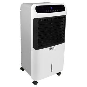 The Sealey SAC41 4-in-1 air cooler and heater, in white, features a digital display and control panel on top. It also functions as an air purifier and humidifier, with four wheels for easy mobility.