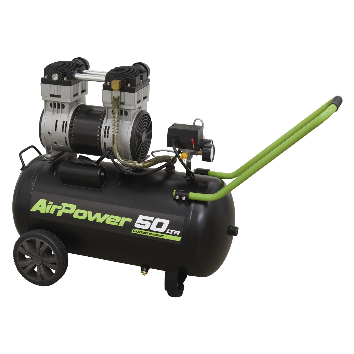 The Sealey Low Noise Air Compressor 50L Direct Drive 1.6hp (SAC5016S) features low noise operation, two wheels, and a long handle for easy mobility. Ideal for general-purpose workshop applications, it ensures oil-free air delivery with its black and green design.