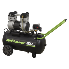 The Sealey Low Noise Air Compressor 50L Direct Drive 1.6hp (SAC5016S) features low noise operation, two wheels, and a long handle for easy mobility. Ideal for general-purpose workshop applications, it ensures oil-free air delivery with its black and green design.