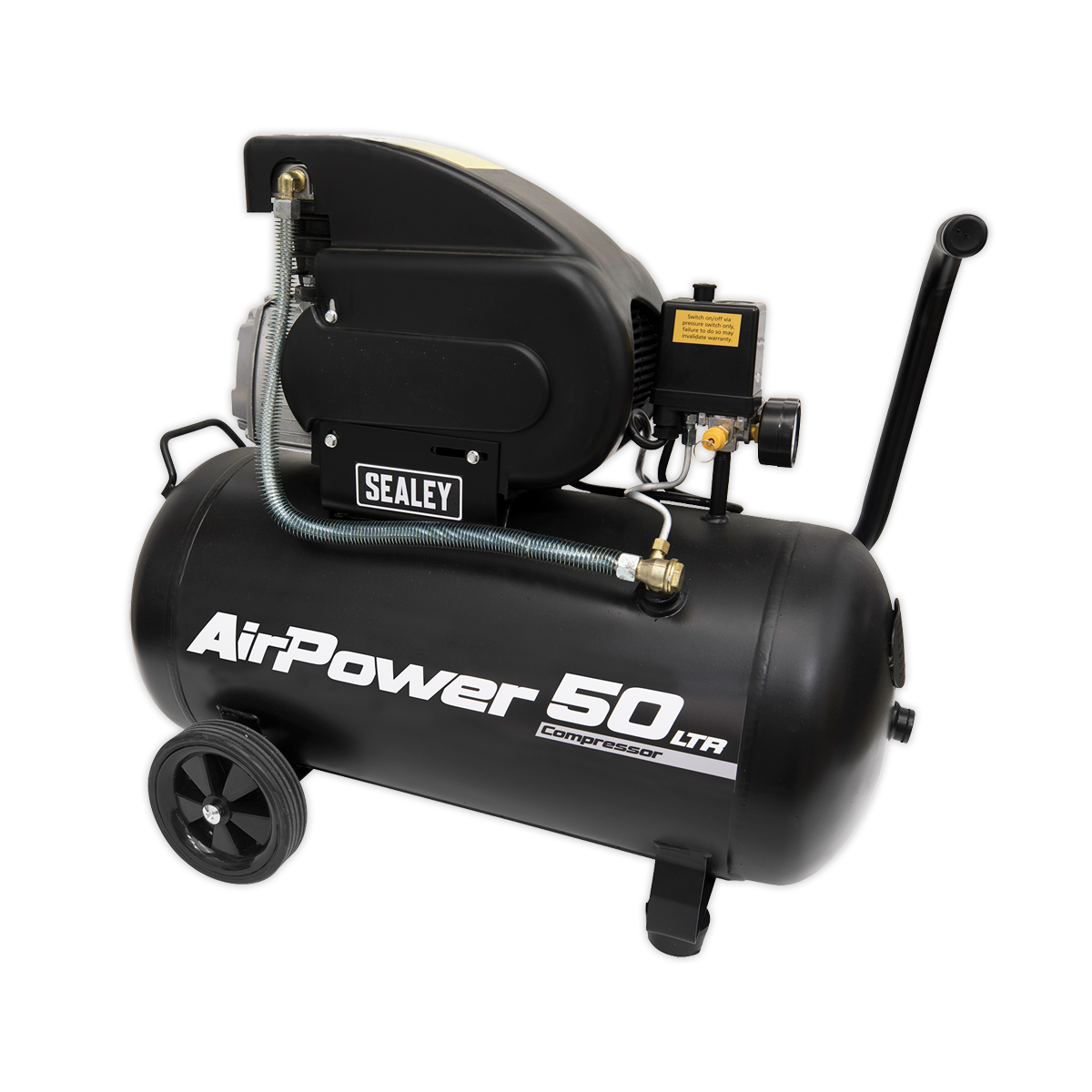 A Sealey AirPower 50L Direct Drive 2hp air compressor (model SAC5020A) in black, featuring wheels, an attached handle, and a pressure cut-out switch, ideal for general-purpose workshop use.