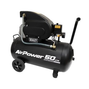 A Sealey AirPower 50L Direct Drive 2hp air compressor (model SAC5020A) in black, featuring wheels, an attached handle, and a pressure cut-out switch, ideal for general-purpose workshop use.
