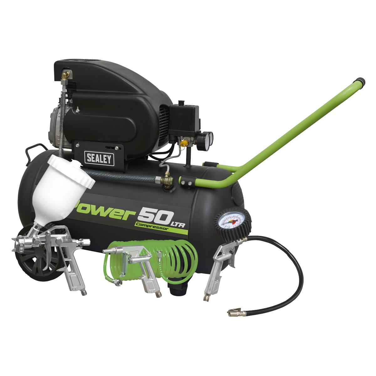 Image of a black Sealey Air Compressor 50L Direct Drive 2hp with a green handle, ideal for workshop applications. Labeled "Power 50 LTR," it includes a 4-piece air accessory kit featuring a spray gun, coiled air hose, and nozzle for versatile use.