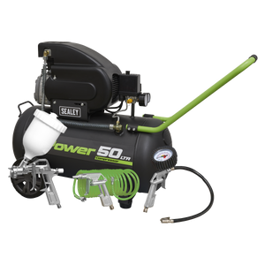 Image of a black Sealey Air Compressor 50L Direct Drive 2hp with a green handle, ideal for workshop applications. Labeled "Power 50 LTR," it includes a 4-piece air accessory kit featuring a spray gun, coiled air hose, and nozzle for versatile use.