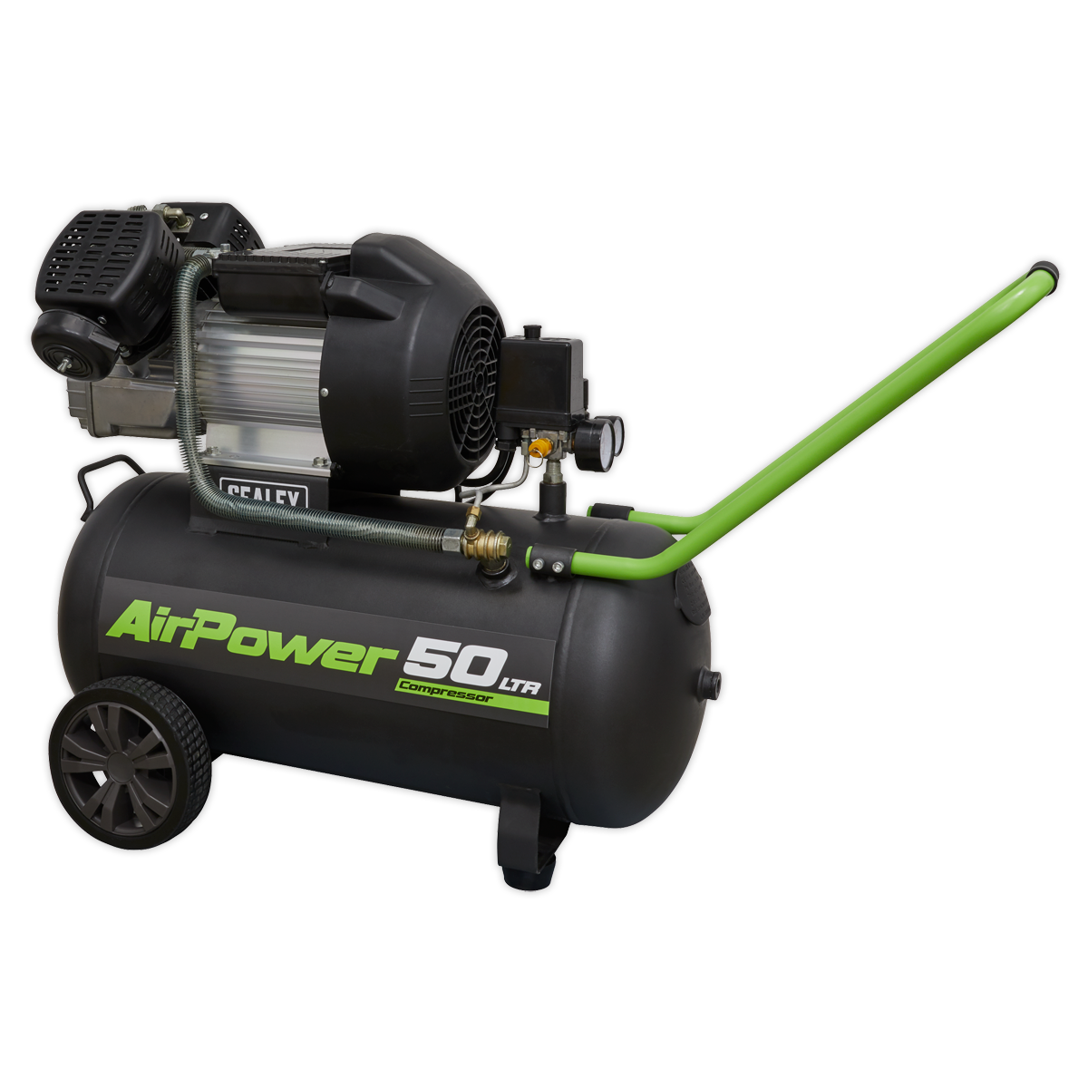 A portable air compressor from Sealey, the "Air Compressor 50L V-Twin Direct Drive 3hp - SAC5030VE," featuring a green handle, wheels, a black motor, and a V-Twin pump for enhanced performance.