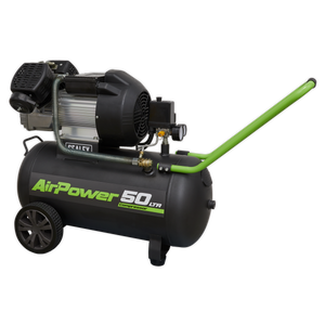 A portable air compressor from Sealey, the "Air Compressor 50L V-Twin Direct Drive 3hp - SAC5030VE," featuring a green handle, wheels, a black motor, and a V-Twin pump for enhanced performance.