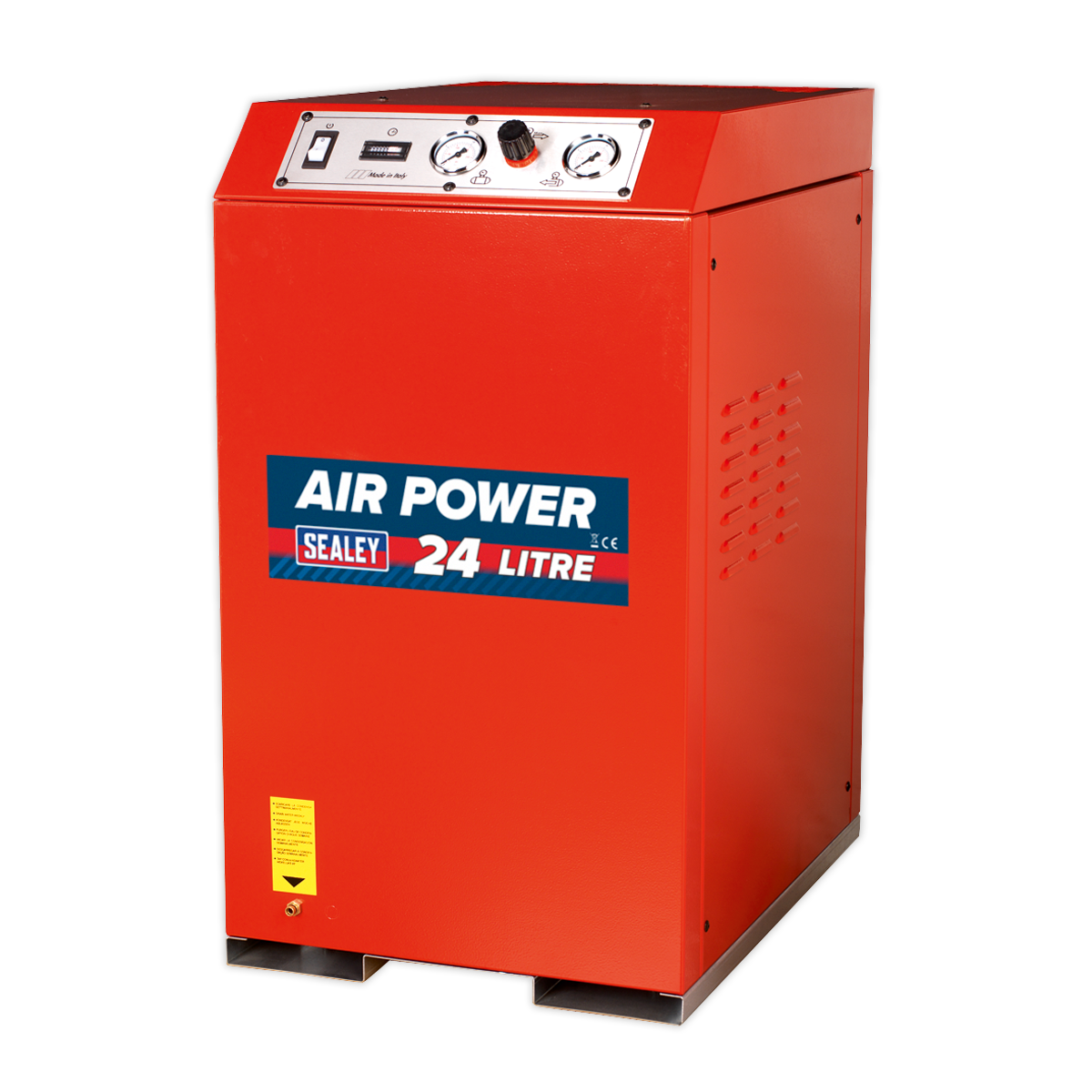 A red Sealey air compressor, identified as the "Air Compressor 24L V-Twin Direct Drive 2.5hp Cabinet Low Noise - SAC82425VLN," features control dials, an air pressure gauge, and details on the maximum pressure prominently displayed on its upper front panel.