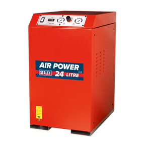 A red Sealey air compressor, identified as the "Air Compressor 24L V-Twin Direct Drive 2.5hp Cabinet Low Noise - SAC82425VLN," features control dials, an air pressure gauge, and details on the maximum pressure prominently displayed on its upper front panel.