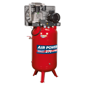 The Sealey Air Compressor 270L Vertical Belt Drive, model SACV52775B, comes with a 7.5hp motor and a robust 2-stage pump system for enhanced performance. This heavy-duty compressor, prominently featuring cast cylinders and designed for industrial use, also includes a visible control panel at the top.