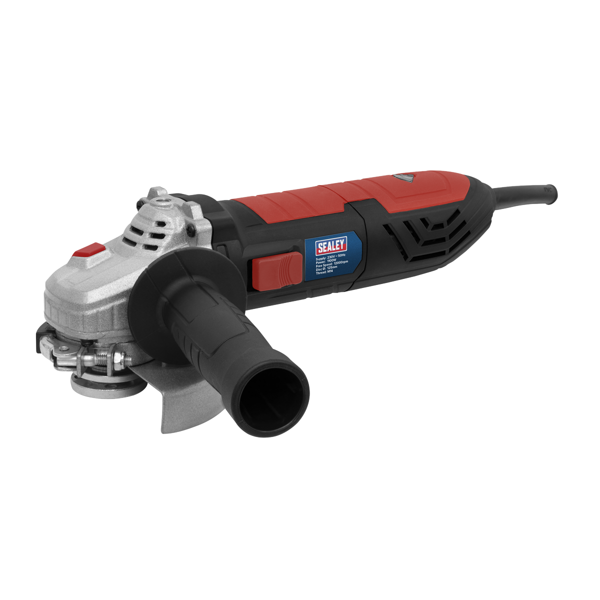 Image of a Sealey Angle Grinder Ø125mm 1100W/230V - SAG125 with a black handle, red and black body, and a visible power cord, featuring a tool-less wheel guard adjustment for quick changes.