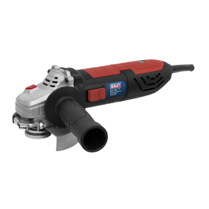 Image of a Sealey Angle Grinder Ø125mm 1100W/230V - SAG125 with a black handle, red and black body, and a visible power cord, featuring a tool-less wheel guard adjustment for quick changes.