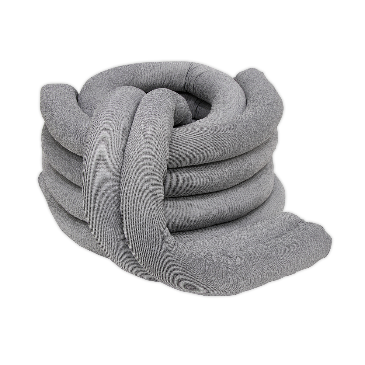 The Sealey Spill Absorbent Sock 80mm x 1.2m Pack of 10 - SAS10, featuring a design reminiscent of thick, intertwined tubes in a gray fabric, offers excellent retention and comfort.