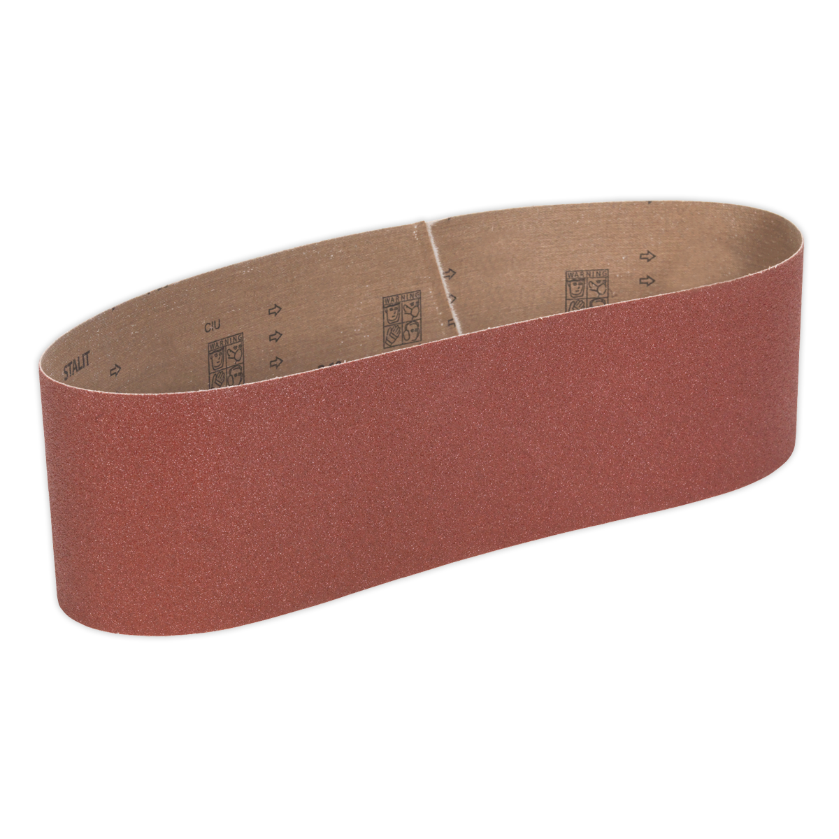 The Sealey Sanding Belt 100 x 915mm 60Grit - SB0014, a red abrasive continuous loop belt made with aluminium oxide, is perfect for use with the SM14 Belt and Disc Sander, ideal for sanding and finishing surfaces.