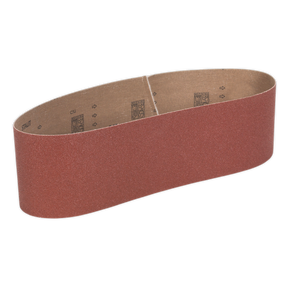 The Sealey Sanding Belt 100 x 915mm 60Grit - SB0014, a red abrasive continuous loop belt made with aluminium oxide, is perfect for use with the SM14 Belt and Disc Sander, ideal for sanding and finishing surfaces.