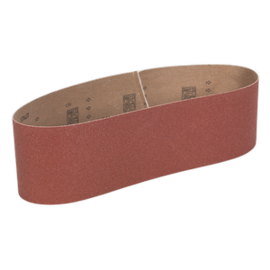 The Sealey Sanding Belt 100 x 915mm 60Grit - SB0014, a red abrasive continuous loop belt made with aluminium oxide, is perfect for use with the SM14 Belt and Disc Sander, ideal for sanding and finishing surfaces.