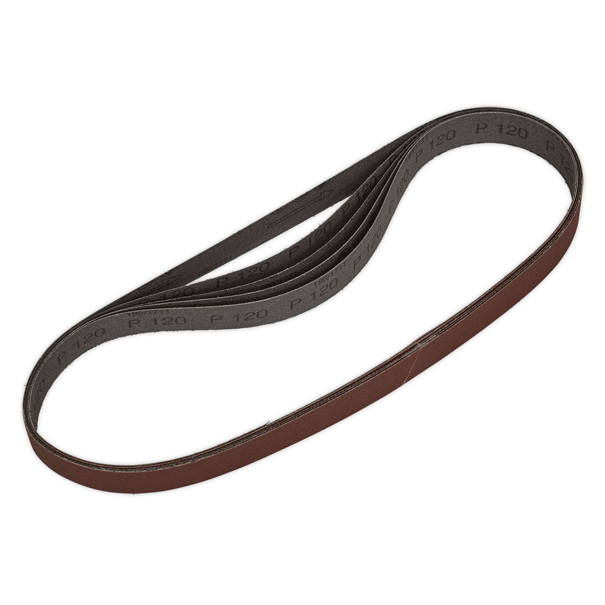 A coiled sanding belt from Sealey, designed with durable aluminium oxide and labeled "120 grit", is ready to be mounted on your belt and disc sander. This product is part of the Sanding Belt 25 x 762mm 120Grit Pack of 5 - SB0019.