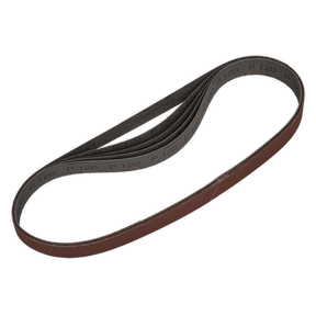 A coiled sanding belt from Sealey, designed with durable aluminium oxide and labeled "120 grit", is ready to be mounted on your belt and disc sander. This product is part of the Sanding Belt 25 x 762mm 120Grit Pack of 5 - SB0019.