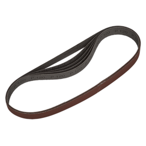 A coiled sanding belt from Sealey, designed with durable aluminium oxide and labeled "120 grit", is ready to be mounted on your belt and disc sander. This product is part of the Sanding Belt 25 x 762mm 120Grit Pack of 5 - SB0019.