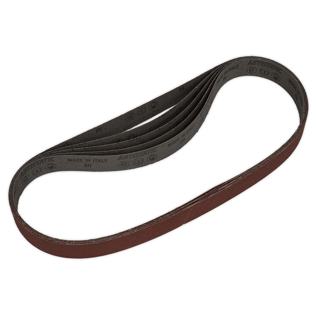 The Sanding Belt 25 x 762mm 80 Grit (Pack of 5 - SB0021), proudly manufactured in Italy under the Sealey brand, employs superior aluminium oxide for enhanced durability. This high-quality model exemplifies exceptional craftsmanship and performance in sanding belts.