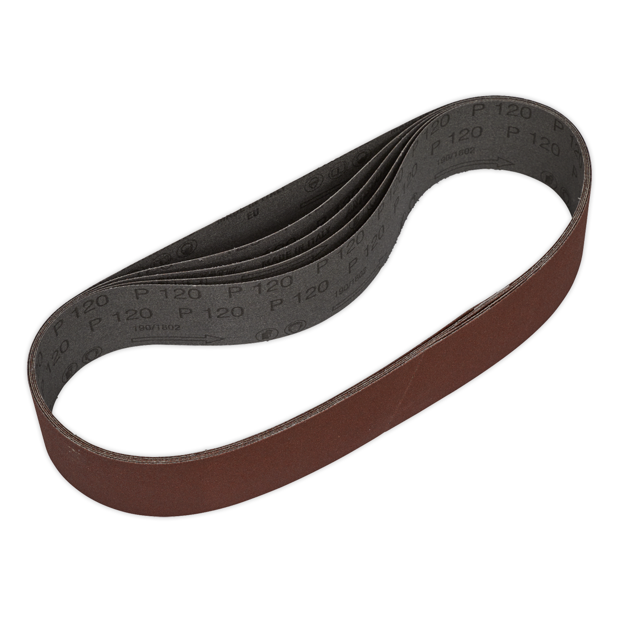 The Sealey Sanding Belt 50 x 686mm 120 Grit (Pack of 5) - SB005 features a looped design with a dark abrasive surface and is specifically engineered for use with power sanders and belt sanders.