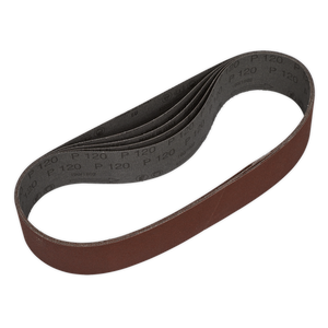 The Sealey Sanding Belt 50 x 686mm 120 Grit (Pack of 5) - SB005 features a looped design with a dark abrasive surface and is specifically engineered for use with power sanders and belt sanders.