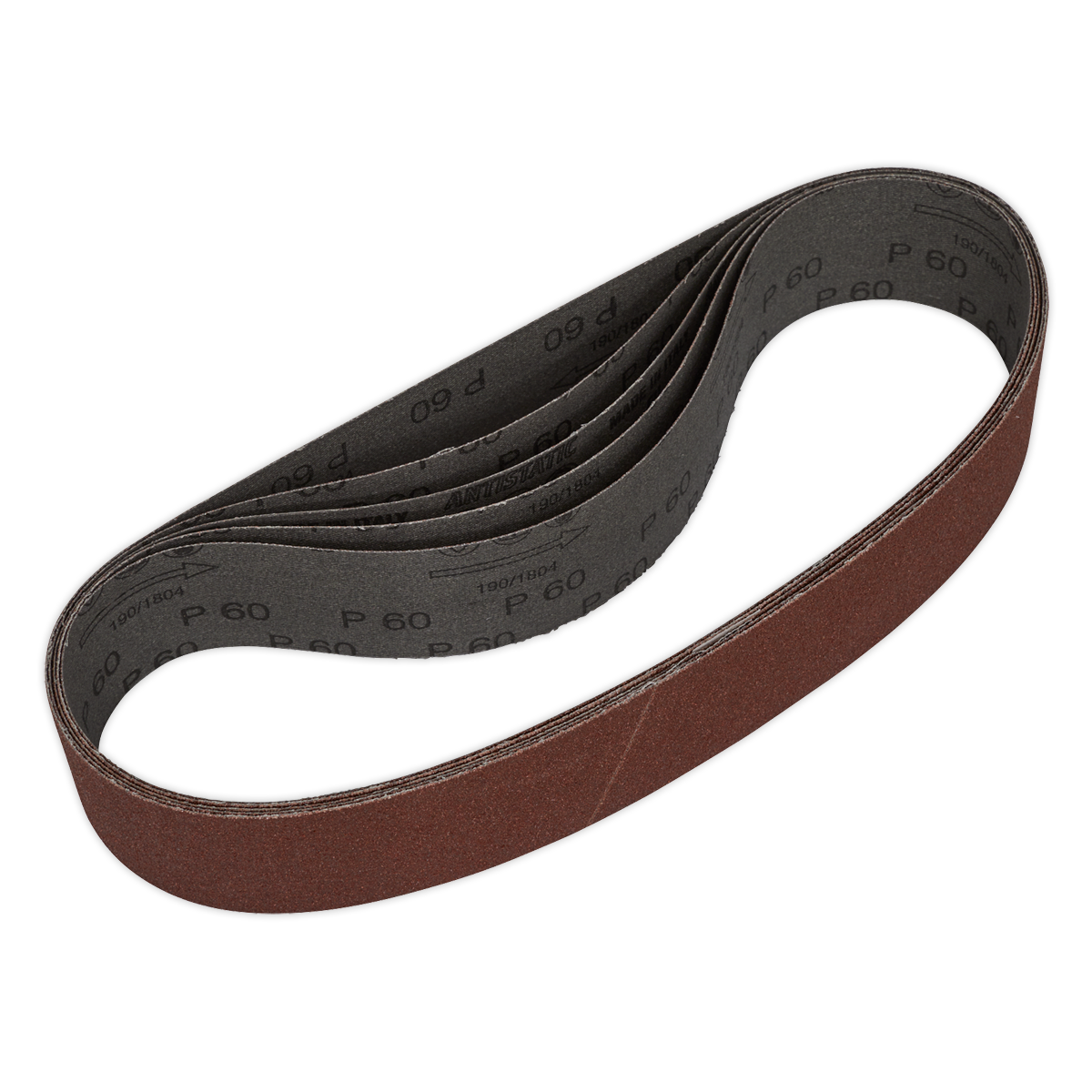 A coiled, brown abrasive sanding belt labeled with "P60" grit, typically used for sanding or finishing surfaces with a belt sander: Sealey Sanding Belt 50 x 686mm 60 Grit (Pack of 5) - SB006.