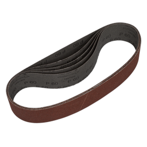 A coiled, brown abrasive sanding belt labeled with "P60" grit, typically used for sanding or finishing surfaces with a belt sander: Sealey Sanding Belt 50 x 686mm 60 Grit (Pack of 5) - SB006.