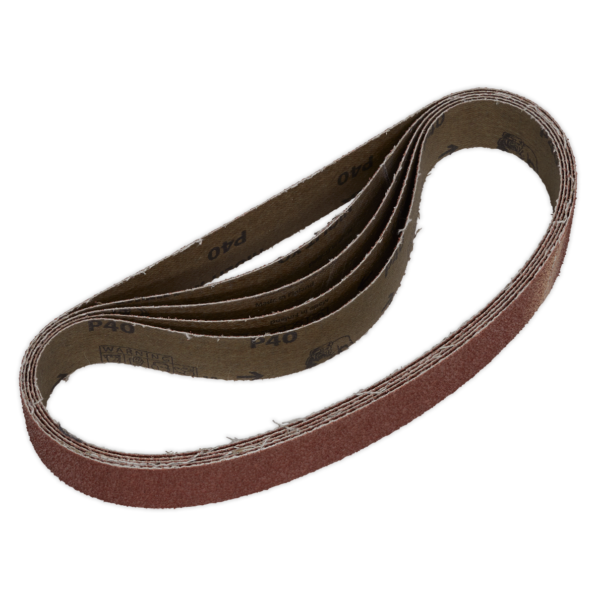 The Sealey Sanding Belt 30 x 540mm 40 Grit Pack of 5 - SB009 features a super-flexible, looped, folded design with a brown aluminum oxide abrasive surface and inner marking indicating P40 grit.