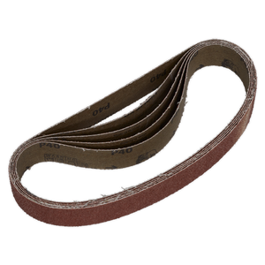 The Sealey Sanding Belt 30 x 540mm 40 Grit Pack of 5 - SB009 features a super-flexible, looped, folded design with a brown aluminum oxide abrasive surface and inner marking indicating P40 grit.