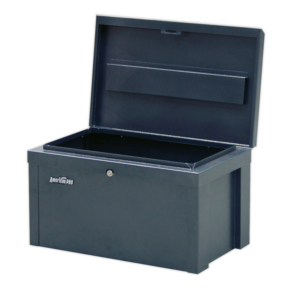 A sizable, open, black storage chest with a latch on the front and bearing the Sealey logo on the side, constructed from heavy gauge steel for enhanced security. The model is Steel Storage Chest 565 x 350 x 320mm - SB565.