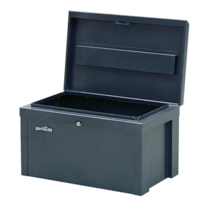 A sizable, open, black storage chest with a latch on the front and bearing the Sealey logo on the side, constructed from heavy gauge steel for enhanced security. The model is Steel Storage Chest 565 x 350 x 320mm - SB565.